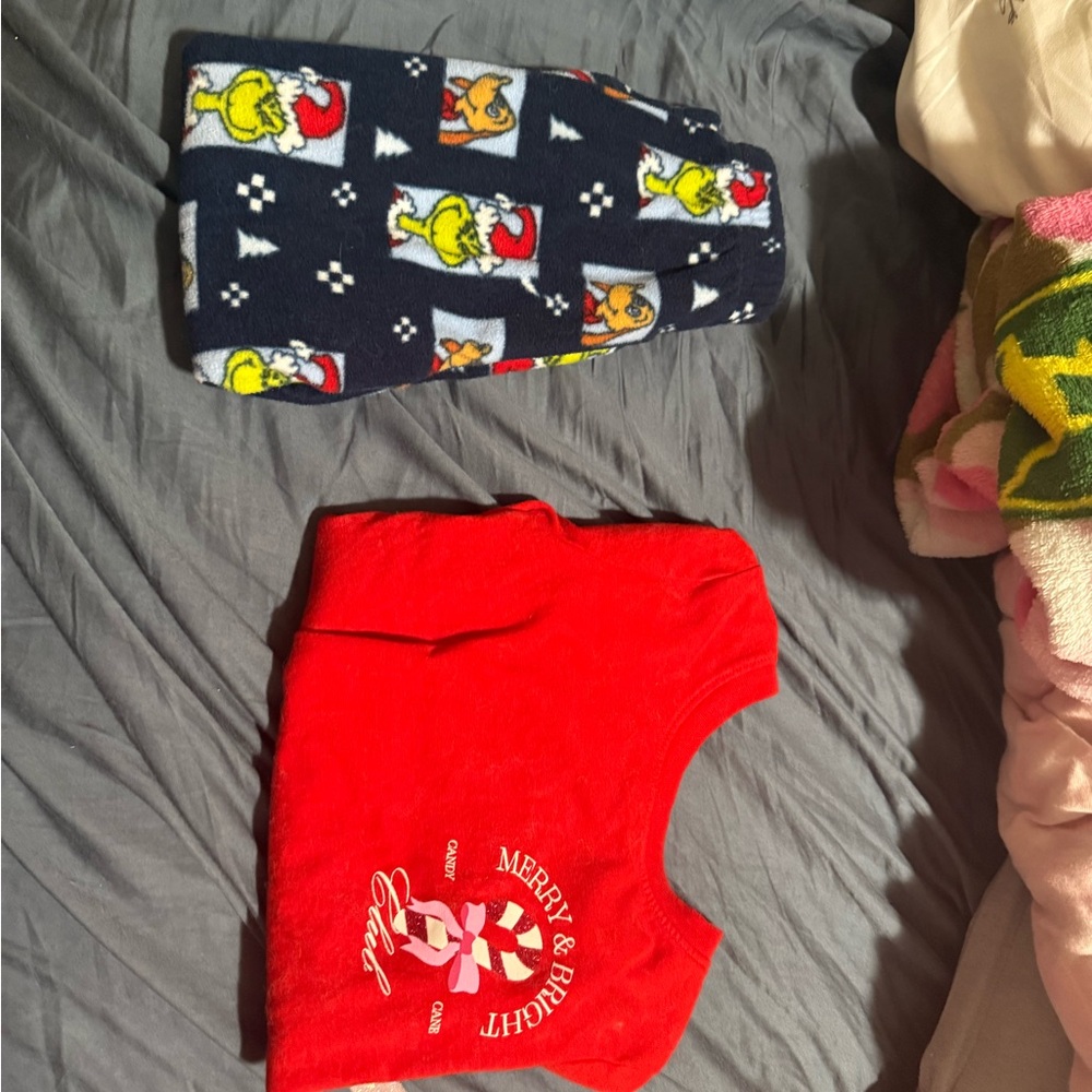 Red and White Holiday shirts and grinch pj bottoms both 2t worn a couple times